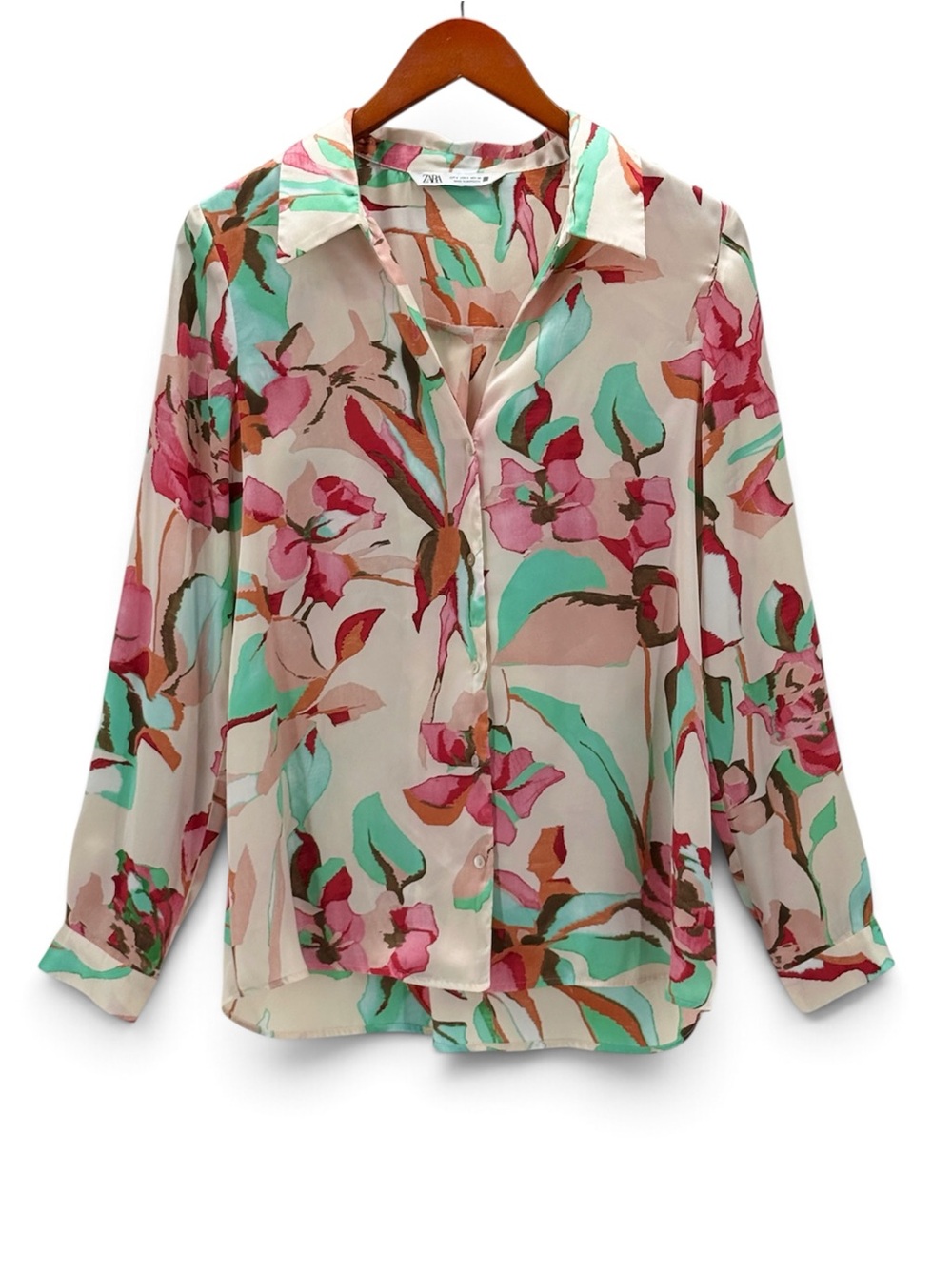 Zara Floral Satin Blouse Small Pink Mint Green Button Down Long Sleeve Shirt